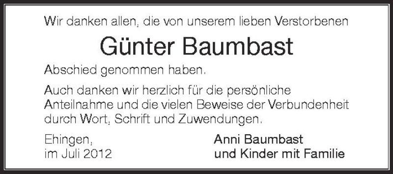  Traueranzeige für Günter Baumbast vom 04.07.2012 aus Schwäbische Zeitung