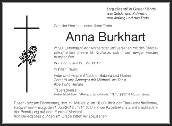 Anzeige von Anna Burkhart von Schwäbische Zeitung