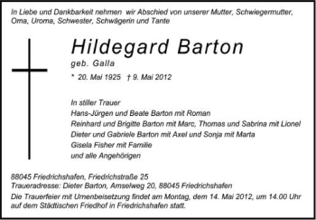Anzeige von Hildegard Barton von Schwäbische Zeitung