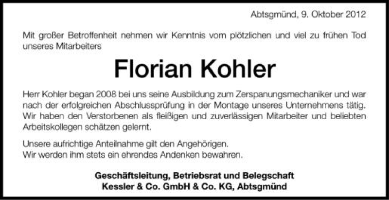  Traueranzeige für Florian Kohler vom 09.10.2012 aus Schwäbische Zeitung