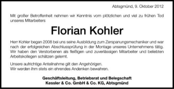 Anzeige von Florian Kohler von Schwäbische Zeitung