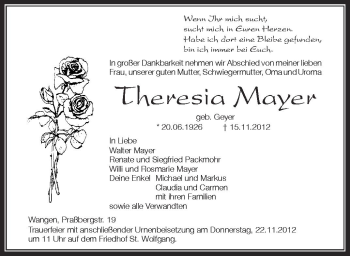 Anzeige von Theresia Mayer von Schwäbische Zeitung
