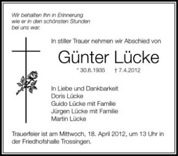 Anzeige von Günter Lücke von Schwäbische Zeitung