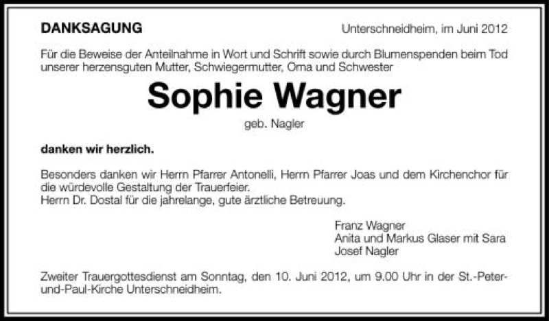  Traueranzeige für Sophie Wagner vom 09.06.2012 aus Schwäbische Zeitung
