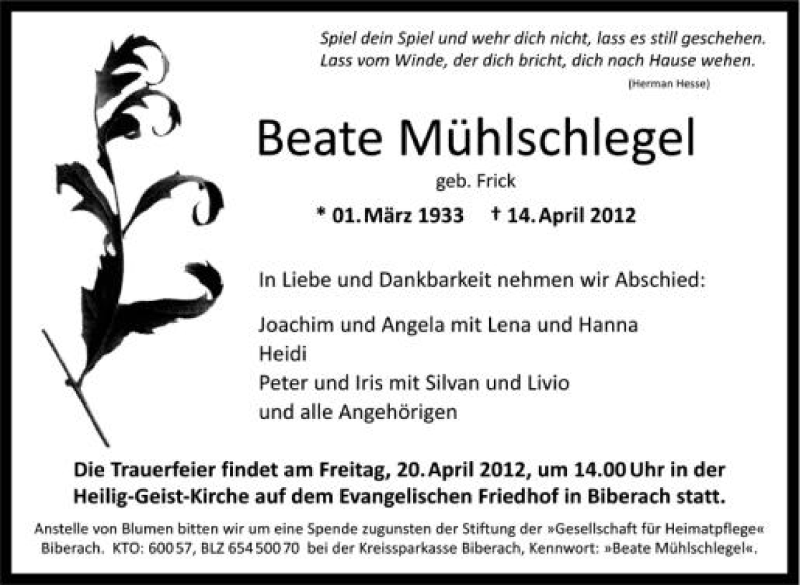  Traueranzeige für Beate Mühlschlegel vom 18.04.2012 aus Schwäbische Zeitung