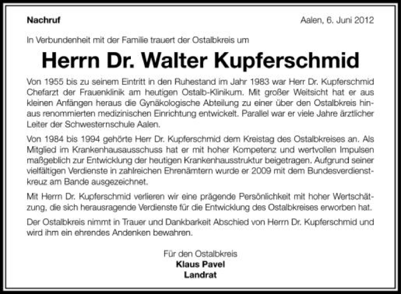  Traueranzeige für Walter Kupferschmid vom 06.06.2012 aus Schwäbische Zeitung
