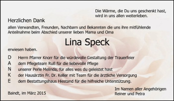Anzeige von Lina Speck von Schwäbische Zeitung