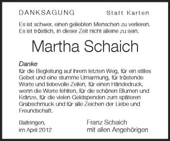 Anzeige von Martha Schaich von Schwäbische Zeitung