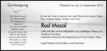 Anzeige von Rosl Mazal von Schwäbische Zeitung