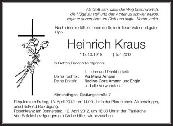 Anzeige von Heinrich Kraus von Schwäbische Zeitung