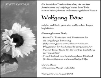 Anzeige von Wolfgang Böse von Schwäbische Zeitung