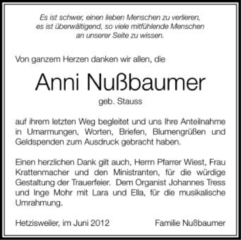  Traueranzeige für Anni Nußbaumer vom 04.07.2012 aus Schwäbische Zeitung
