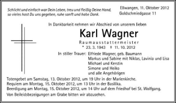 Anzeige von Karl Wagner von Schwäbische Zeitung