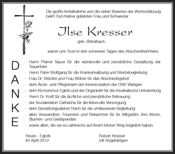 Anzeige von Ilse Kresser von Schwäbische Zeitung