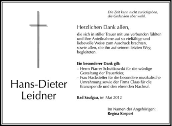 Anzeige von Hans-Dieter Leidner von Schwäbische Zeitung
