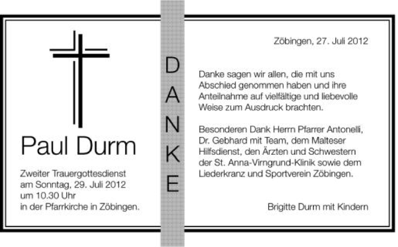  Traueranzeige für Paul Durm vom 27.07.2012 aus Schwäbische Zeitung
