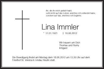 Anzeige von Lina Immler von Schwäbische Zeitung