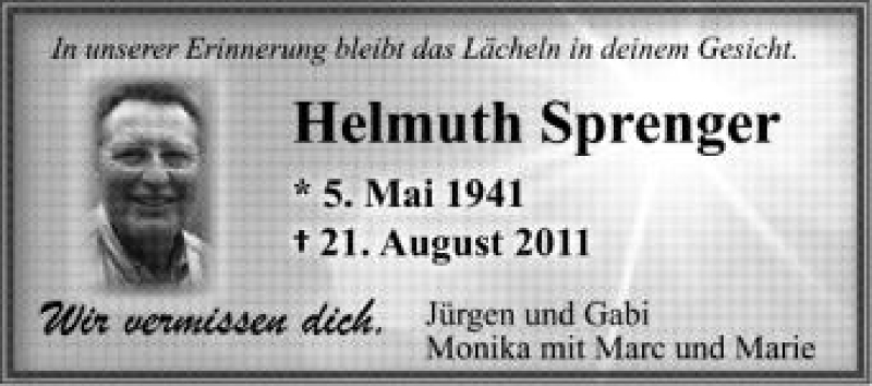  Traueranzeige für Helmuth Sprenger vom 21.08.2012 aus Schwäbische Zeitung