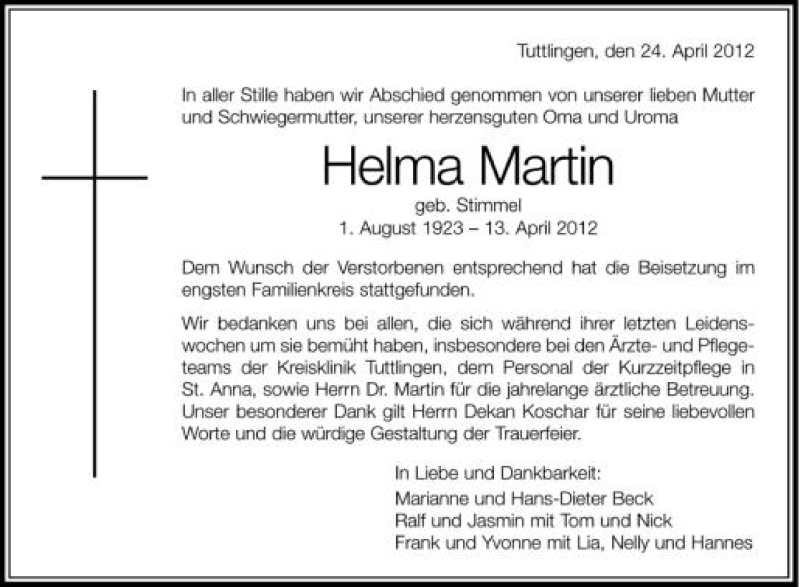  Traueranzeige für Helma Martin vom 25.04.2012 aus Schwäbische Zeitung