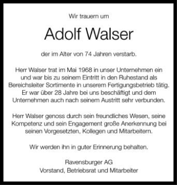 Anzeige von Adolf Walser von Schwäbische Zeitung