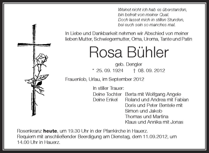  Traueranzeige für Rosa Bühler vom 10.09.2012 aus Schwäbische Zeitung