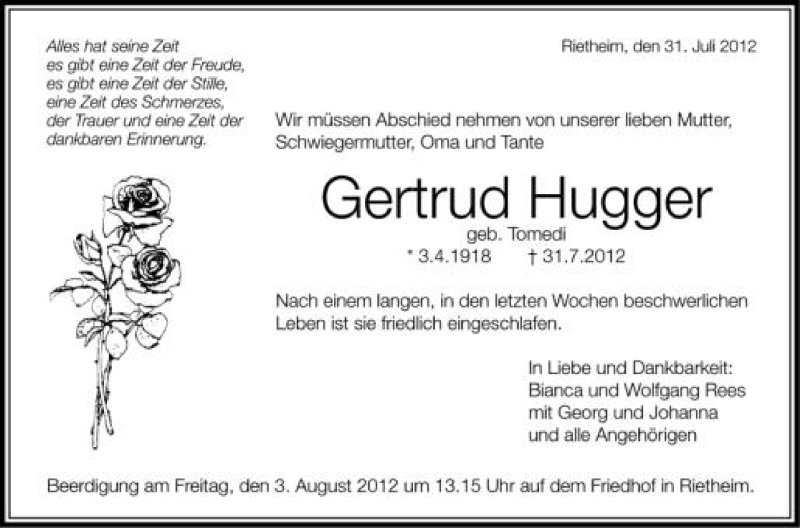  Traueranzeige für Gertrud Hugger vom 01.08.2012 aus Schwäbische Zeitung