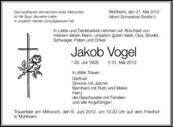 Anzeige von Jakob Vogel von Schwäbische Zeitung