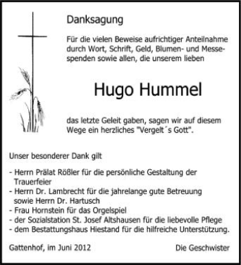 Anzeige von Hugo Hummel von Schwäbische Zeitung