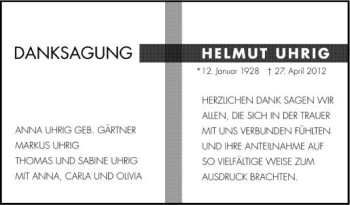 Anzeige von Helmut Uhrig von Schwäbische Zeitung