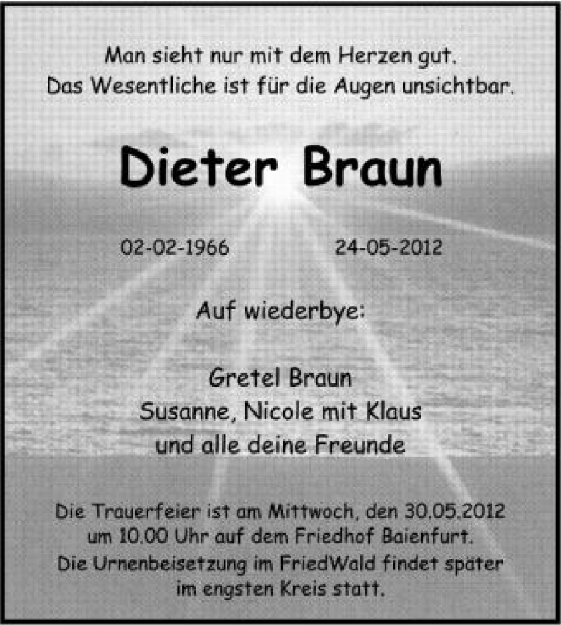  Traueranzeige für Dieter Braun vom 29.05.2012 aus Schwäbische Zeitung