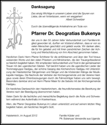 Anzeige von Deogratias Bukenya von Schwäbische Zeitung