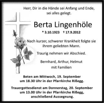 Anzeige von Berta Lingenhöle von Schwäbische Zeitung