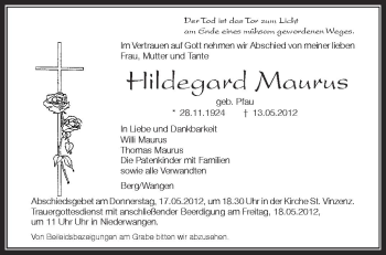 Anzeige von Hildegard Maurus von Schwäbische Zeitung