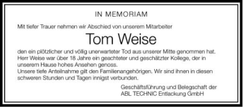 Anzeige von Tom Weise von Schwäbische Zeitung