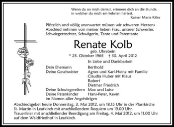 Anzeige von Renate Kolb von Schwäbische Zeitung