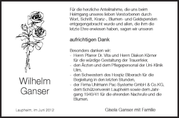 Anzeige von Wilhelm Ganser von Schwäbische Zeitung