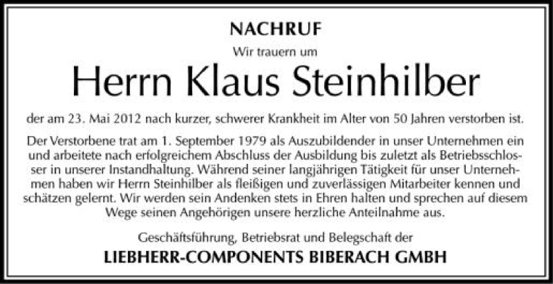  Traueranzeige für Klaus Steinhilber vom 30.05.2012 aus Schwäbische Zeitung