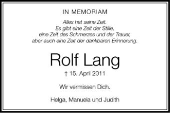 Anzeige von Rolf Lang von Schwäbische Zeitung
