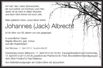 Anzeige von Johannes Albrecht von Schwäbische Zeitung