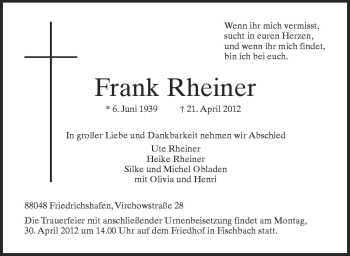 Anzeige von Frank Rheiner von Schwäbische Zeitung