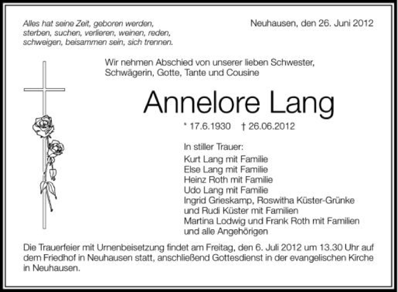  Traueranzeige für Annelore Lang vom 04.07.2012 aus Schwäbische Zeitung