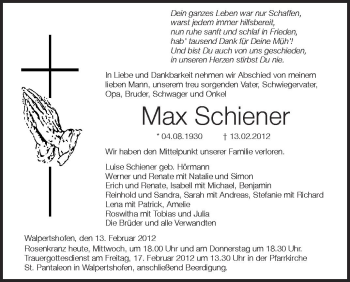 Anzeige von Max  Schiener  von Schwäbische Zeitung