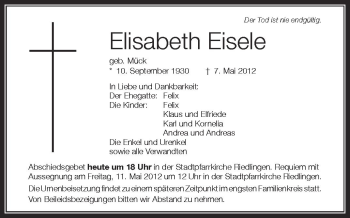 Anzeige von Elisaeth Eisele von Schwäbische Zeitung
