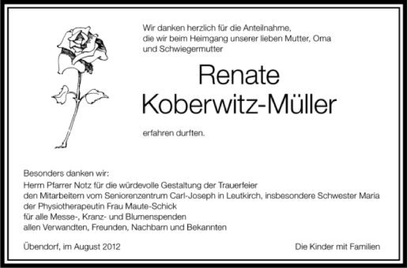  Traueranzeige für Renate Koberwitz-Müller vom 21.08.2012 aus Schwäbische Zeitung