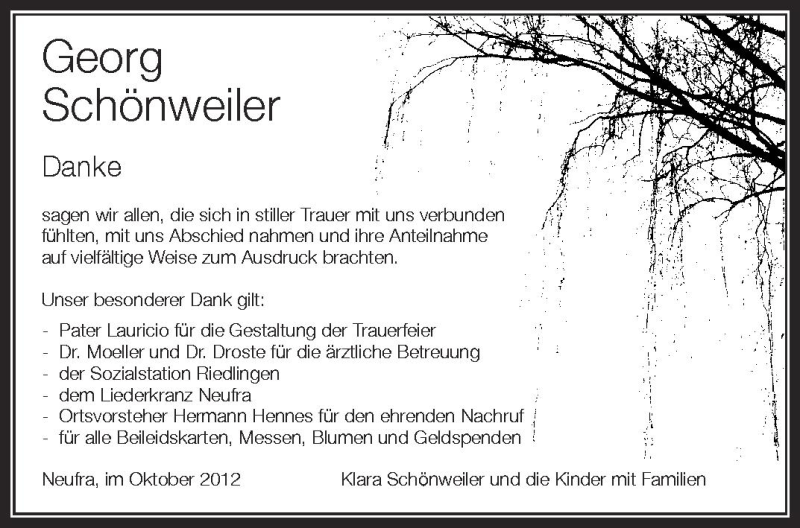  Traueranzeige für Georg Schönweiler vom 06.10.2012 aus Schwäbische Zeitung