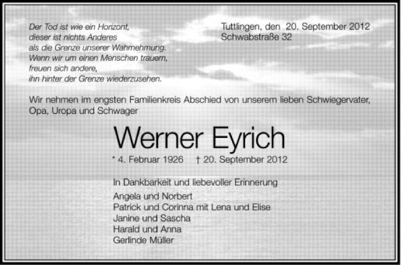  Traueranzeige für Werner Eyrich vom 25.09.2012 aus Schwäbische Zeitung