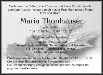 Anzeige von Maria Thonhauser von Schwäbische Zeitung