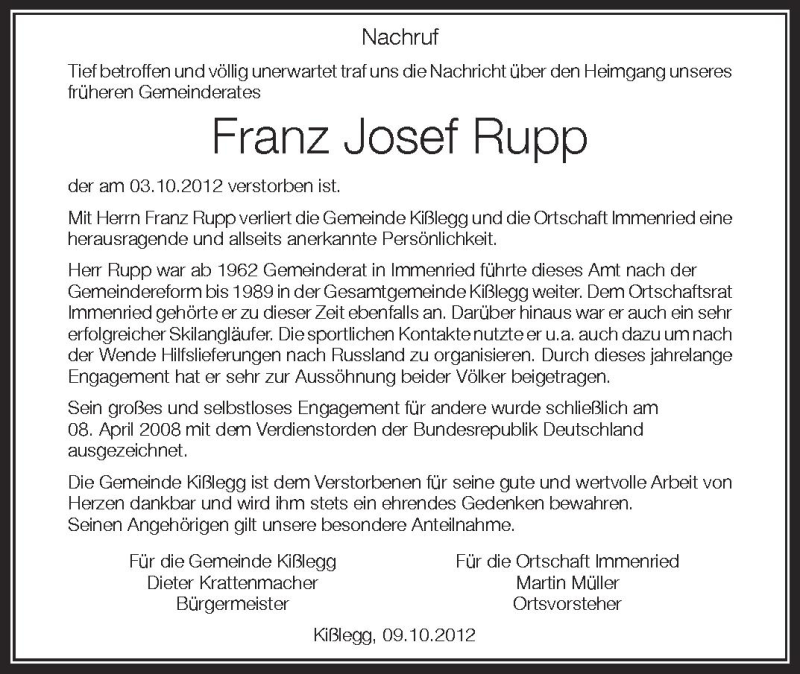  Traueranzeige für Josef Rupp vom 09.10.2012 aus Schwäbische Zeitung