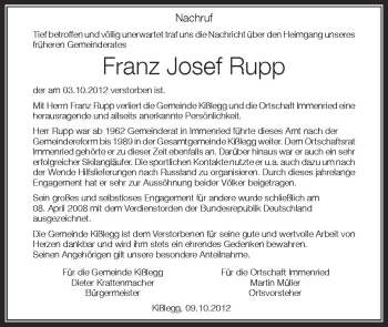 Anzeige von Josef Rupp von Schwäbische Zeitung