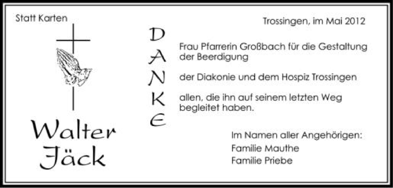  Traueranzeige für Walter Jäck vom 25.05.2012 aus Schwäbische Zeitung